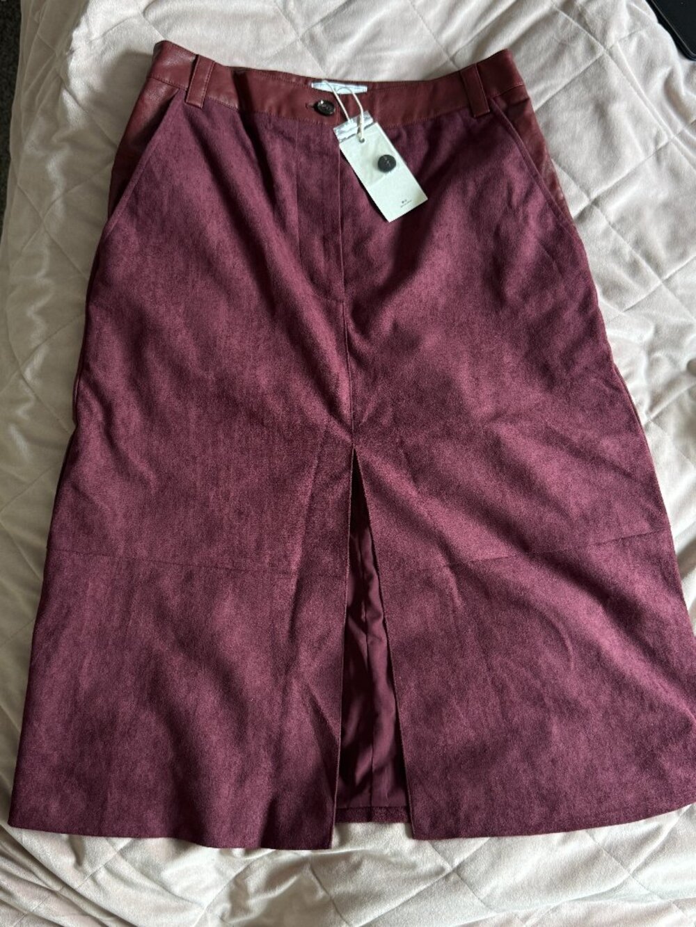 RihOAS Burgundy Faux Suede Midi Skirt Size S NWT